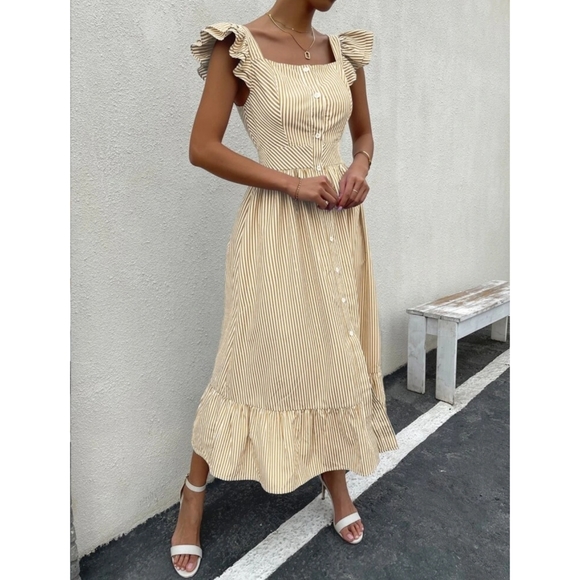 Boho Button Front Striped Ruffle Midi Dress - Picture 4 of 6